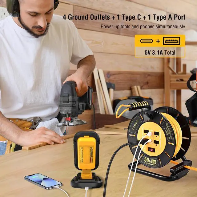 Alt view image 4 of 7 - 50 FT Retractable Extension Cord Reel, 12AWG Heavy Duty Power Cord with Handle Rewind, 4 Grounded Outlets, USB-A & USB-C Ports, 15A Circuit Breaker, ETL Listed for Garage, Workshop, Jobsite