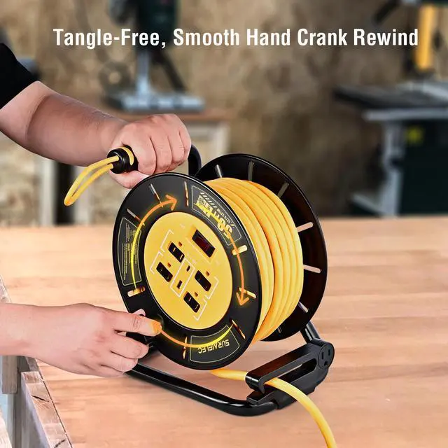 Alt view image 6 of 7 - 50 FT Retractable Extension Cord Reel, 12AWG Heavy Duty Power Cord with Handle Rewind, 4 Grounded Outlets, USB-A & USB-C Ports, 15A Circuit Breaker, ETL Listed for Garage, Workshop, Jobsite
