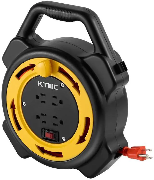 Main image of Extension Cord Reel with 25 FT Power Cord, Hand Wind Retractable, 16/3 AWG SJTW, 4 Grounded Outlets, 10 Amp Circuit Breaker, Yellow, Black, UL Listed