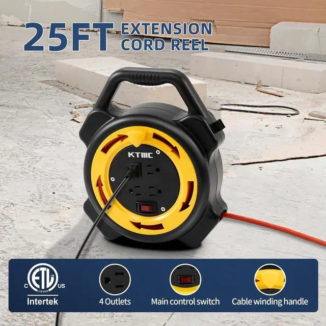 Alt view image 2 of 7 - Extension Cord Reel with 25 FT Power Cord, Hand Wind Retractable, 16/3 AWG SJTW, 4 Grounded Outlets, 10 Amp Circuit Breaker, Yellow, Black, UL Listed