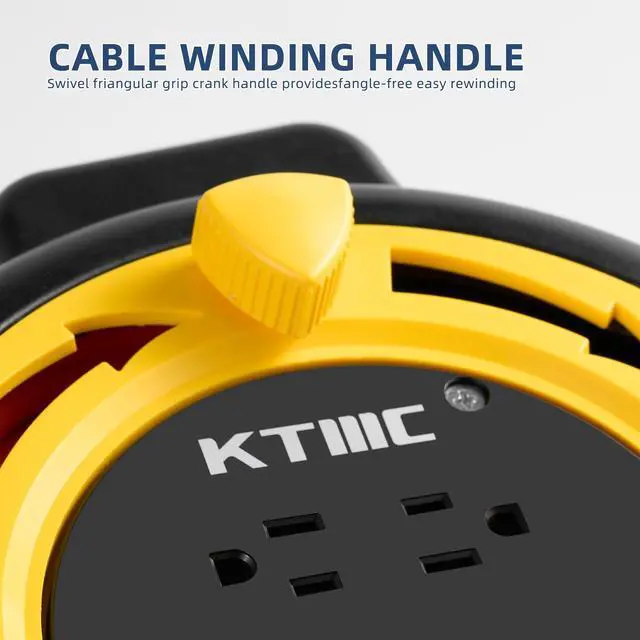 Alt view image 3 of 7 - Extension Cord Reel with 25 FT Power Cord, Hand Wind Retractable, 16/3 AWG SJTW, 4 Grounded Outlets, 10 Amp Circuit Breaker, Yellow, Black, UL Listed