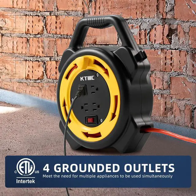Alt view image 4 of 7 - Extension Cord Reel with 25 FT Power Cord, Hand Wind Retractable, 16/3 AWG SJTW, 4 Grounded Outlets, 10 Amp Circuit Breaker, Yellow, Black, UL Listed