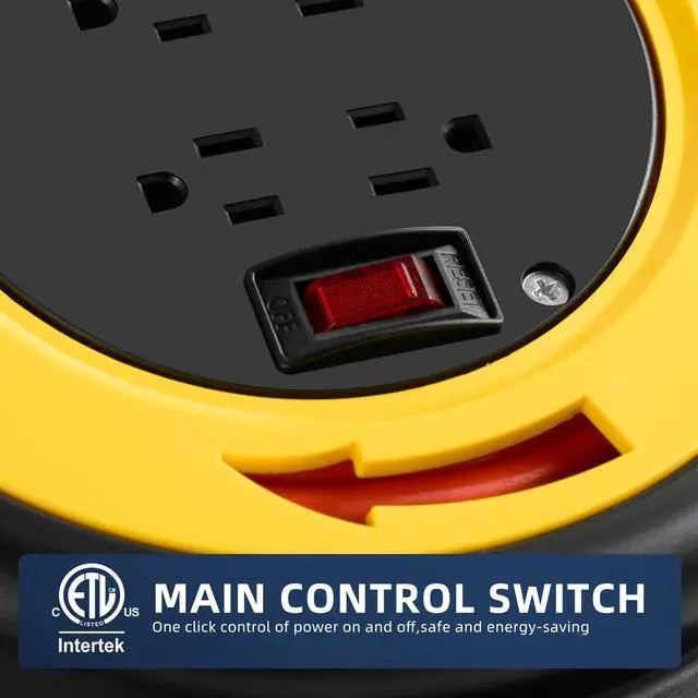 Alt view image 5 of 7 - Extension Cord Reel with 25 FT Power Cord, Hand Wind Retractable, 16/3 AWG SJTW, 4 Grounded Outlets, 10 Amp Circuit Breaker, Yellow, Black, UL Listed