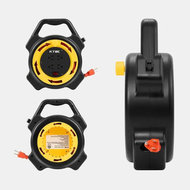 Alt view image 6 of 7 - Extension Cord Reel with 25 FT Power Cord, Hand Wind Retractable, 16/3 AWG SJTW, 4 Grounded Outlets, 10 Amp Circuit Breaker, Yellow, Black, UL Listed