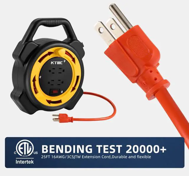 Alt view image 7 of 7 - Extension Cord Reel with 25 FT Power Cord, Hand Wind Retractable, 16/3 AWG SJTW, 4 Grounded Outlets, 10 Amp Circuit Breaker, Yellow, Black, UL Listed