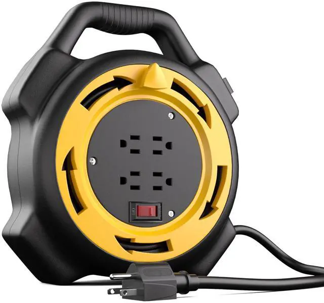 Main image of Extension Cord Reel with 25 FT Power Cord, Hand Wind Retractable, 16/3 AWG SJTW, 4 Grounded Outlets, 13 Amp Circuit Breaker, Yellow, Black