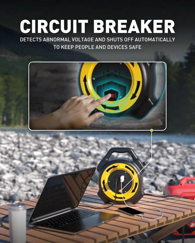 Alt view image 2 of 7 - Extension Cord Reel with 25 FT Power Cord, Hand Wind Retractable, 16/3 AWG SJTW, 4 Grounded Outlets, 13 Amp Circuit Breaker, Yellow, Black