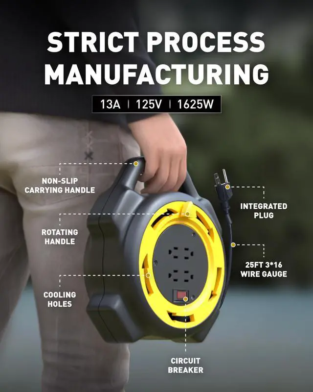 Alt view image 3 of 7 - Extension Cord Reel with 25 FT Power Cord, Hand Wind Retractable, 16/3 AWG SJTW, 4 Grounded Outlets, 13 Amp Circuit Breaker, Yellow, Black