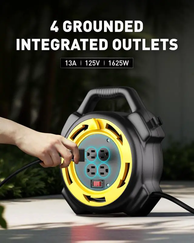 Alt view image 4 of 7 - Extension Cord Reel with 25 FT Power Cord, Hand Wind Retractable, 16/3 AWG SJTW, 4 Grounded Outlets, 13 Amp Circuit Breaker, Yellow, Black