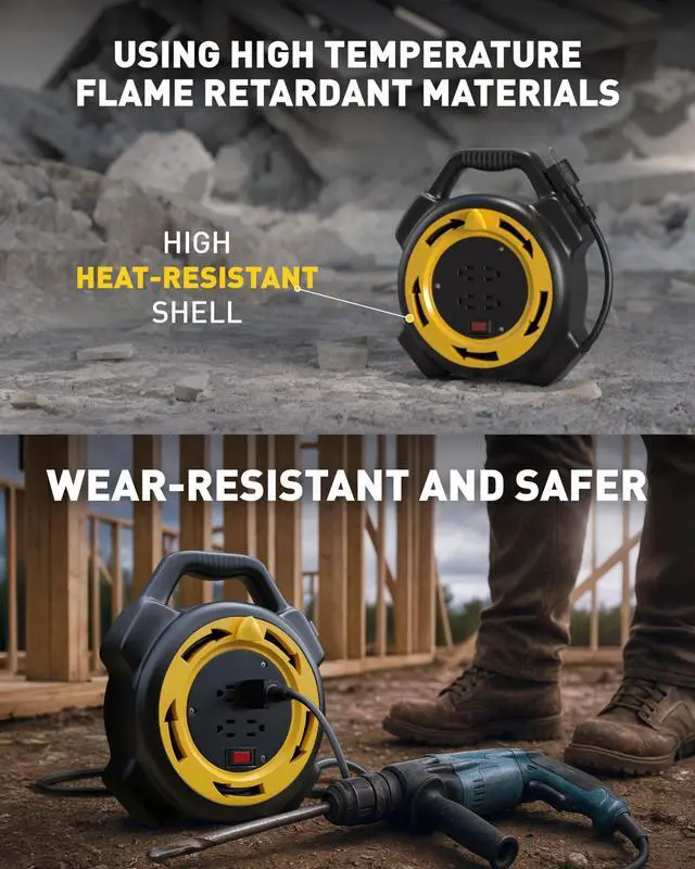 Alt view image 5 of 7 - Extension Cord Reel with 25 FT Power Cord, Hand Wind Retractable, 16/3 AWG SJTW, 4 Grounded Outlets, 13 Amp Circuit Breaker, Yellow, Black