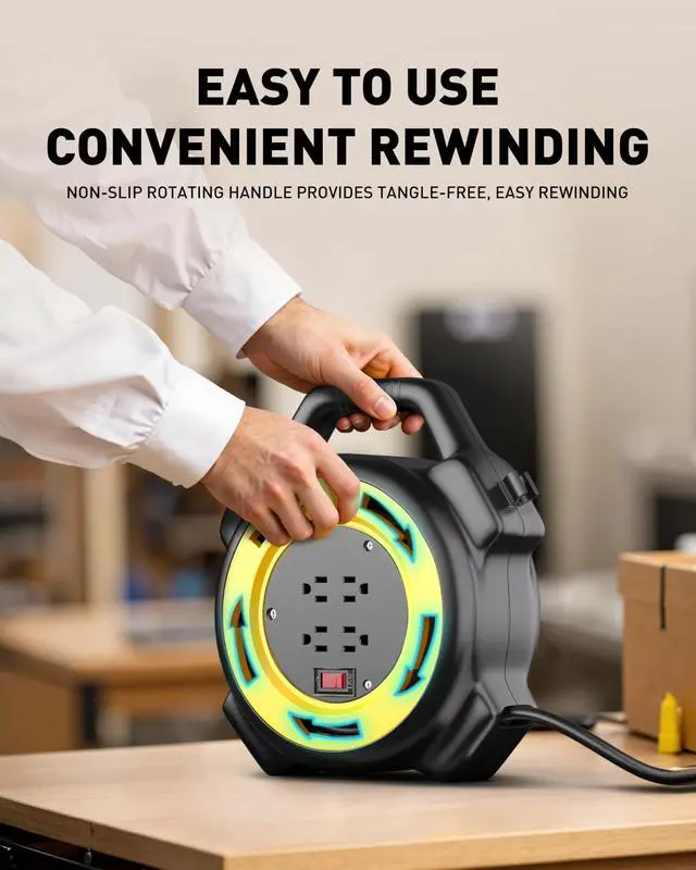 Alt view image 7 of 7 - Extension Cord Reel with 25 FT Power Cord, Hand Wind Retractable, 16/3 AWG SJTW, 4 Grounded Outlets, 13 Amp Circuit Breaker, Yellow, Black