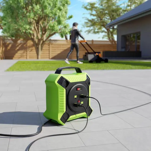 Alt view image 4 of 6 - 35 FT Retractable Extension Cord Reel Heavy Duty 14AWG/3C SJTW Power Cord Reel with 4 Electrical outlets for Garage and Shop, 10 Amp Circuit Breaker ETL Listed