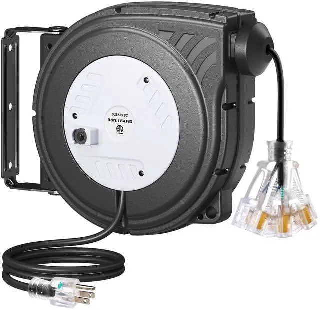 Main image of 30 FT Retractable Extension Cord Reel, 16AWG SJTW Power Cord, Lighted Triple Outlets, 10A Circuit Breaker, Wall/Ceiling Mount for Garage, Workshop, ETL Listed
