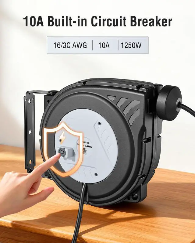 Alt view image 3 of 7 - 30 FT Retractable Extension Cord Reel, 16AWG SJTW Power Cord, Lighted Triple Outlets, 10A Circuit Breaker, Wall/Ceiling Mount for Garage, Workshop, ETL Listed