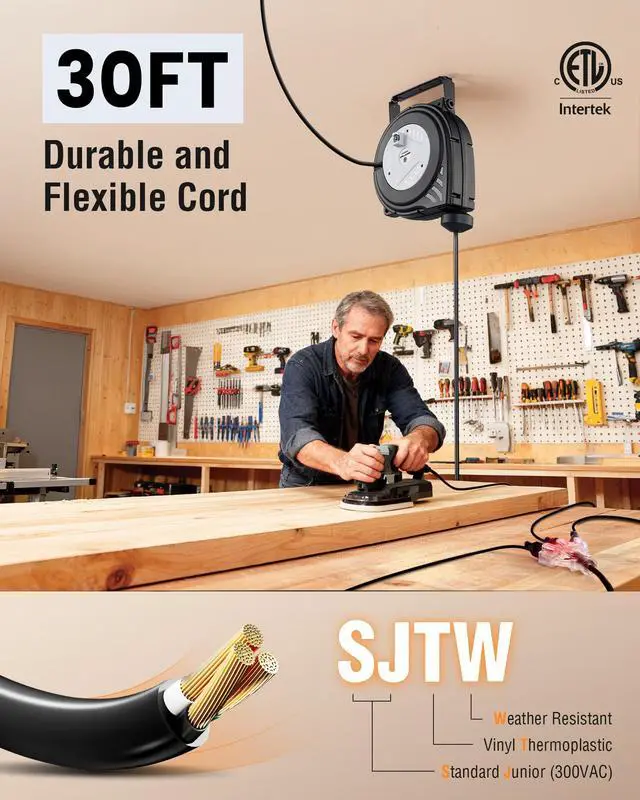 Alt view image 2 of 7 - 30 FT Retractable Extension Cord Reel, 16AWG SJTW Power Cord, Lighted Triple Outlets, 10A Circuit Breaker, Wall/Ceiling Mount for Garage, Workshop, ETL Listed