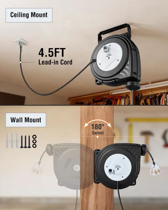 Alt view image 5 of 7 - 30 FT Retractable Extension Cord Reel, 16AWG SJTW Power Cord, Lighted Triple Outlets, 10A Circuit Breaker, Wall/Ceiling Mount for Garage, Workshop, ETL Listed