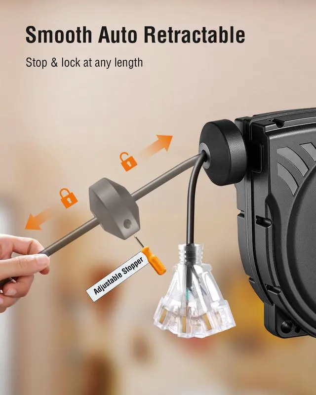 Alt view image 4 of 7 - 30 FT Retractable Extension Cord Reel, 16AWG SJTW Power Cord, Lighted Triple Outlets, 10A Circuit Breaker, Wall/Ceiling Mount for Garage, Workshop, ETL Listed