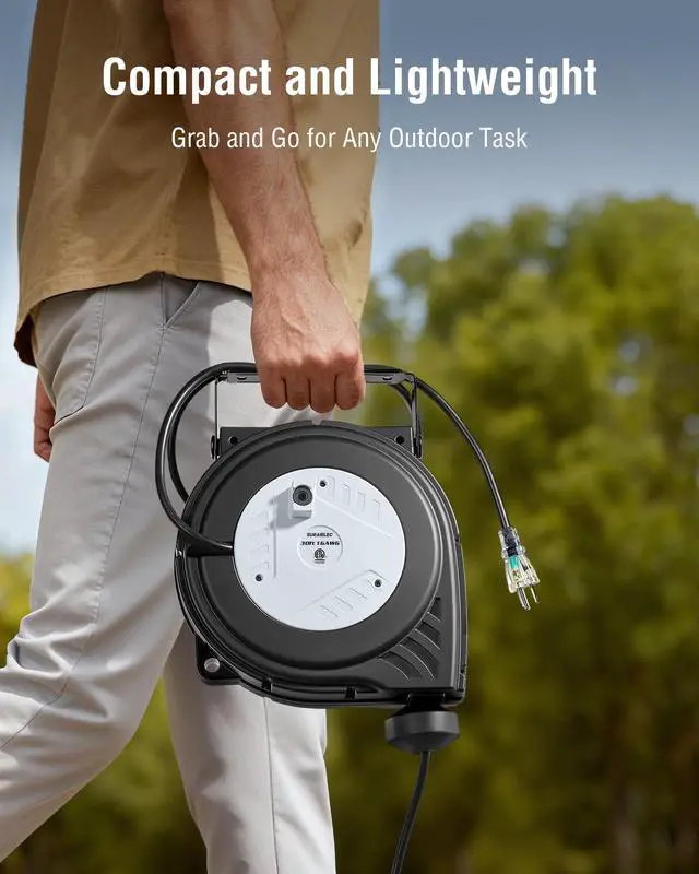 Alt view image 6 of 7 - 30 FT Retractable Extension Cord Reel, 16AWG SJTW Power Cord, Lighted Triple Outlets, 10A Circuit Breaker, Wall/Ceiling Mount for Garage, Workshop, ETL Listed