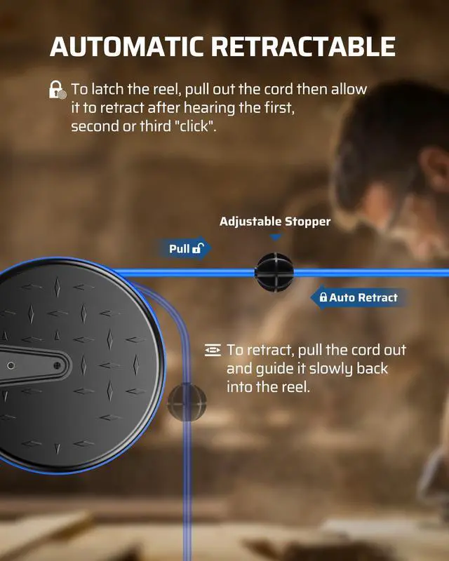 Alt view image 4 of 7 - 30FT Extension Cord Reel, 16/3 Gauge SJTW Power Cord, Retractable Cord Reel with 3 Outlets, Ceiling/Wall Mount for Garage, Workshop, 10A Circuit Breaker, Metal Plate, UL Listed, Blue