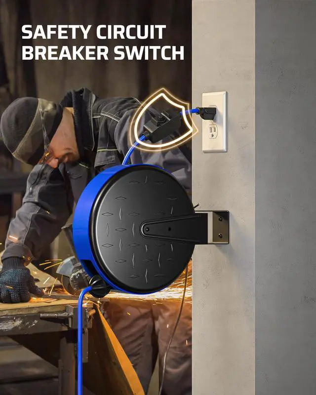 Alt view image 5 of 7 - 30FT Extension Cord Reel, 16/3 Gauge SJTW Power Cord, Retractable Cord Reel with 3 Outlets, Ceiling/Wall Mount for Garage, Workshop, 10A Circuit Breaker, Metal Plate, UL Listed, Blue