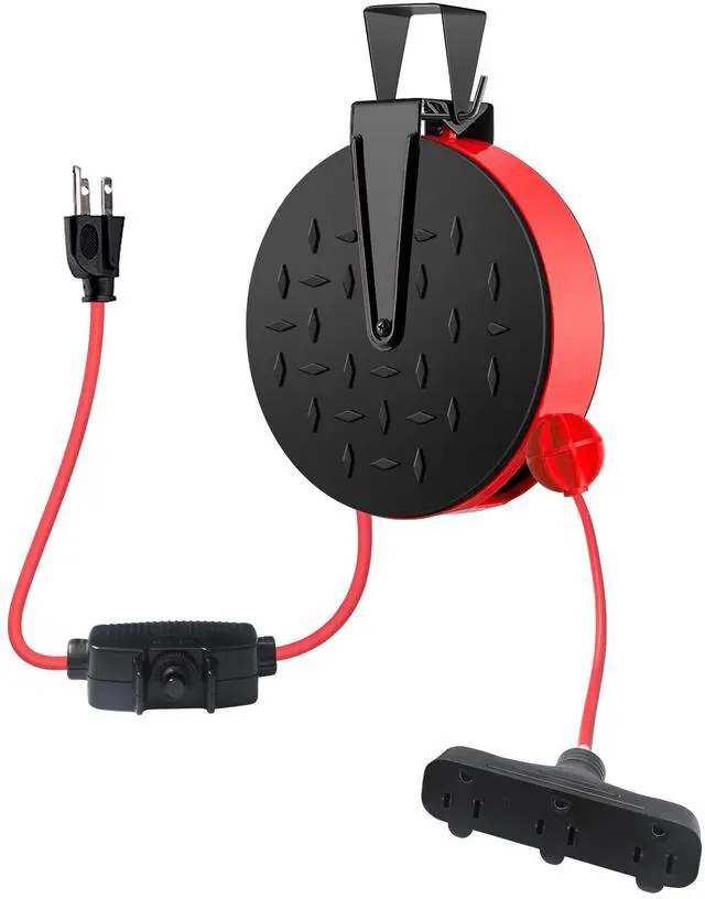 Main image of 30 Ft Retractable Extension Cord Reel, 16/3 SJTW Power Cord with 3 Electrical Outlets, Ceiling or Wall Mount, 10 Amp Circuit Breaker, Adjustable Stopper, Metal Plate, UL Listed,Red