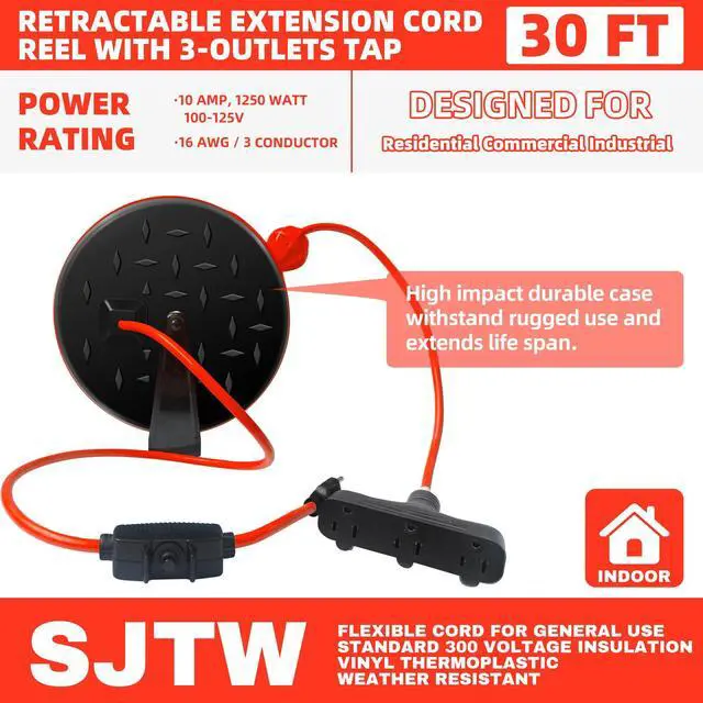 Alt view image 2 of 7 - 30 Ft Retractable Extension Cord Reel, 16/3 SJTW Power Cord with 3 Electrical Outlets, Ceiling or Wall Mount, 10 Amp Circuit Breaker, Adjustable Stopper, Metal Plate, UL Listed,Red