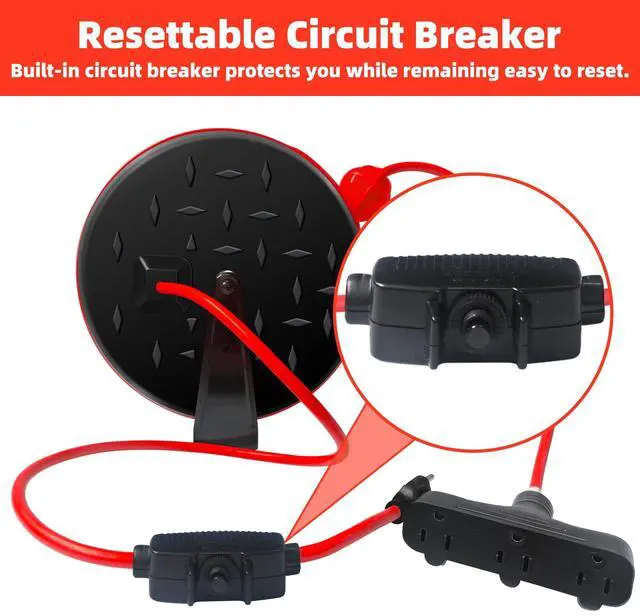 Alt view image 3 of 7 - 30 Ft Retractable Extension Cord Reel, 16/3 SJTW Power Cord with 3 Electrical Outlets, Ceiling or Wall Mount, 10 Amp Circuit Breaker, Adjustable Stopper, Metal Plate, UL Listed,Red