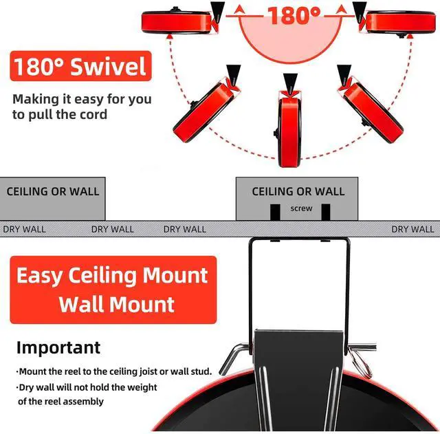 Alt view image 5 of 7 - 30 Ft Retractable Extension Cord Reel, 16/3 SJTW Power Cord with 3 Electrical Outlets, Ceiling or Wall Mount, 10 Amp Circuit Breaker, Adjustable Stopper, Metal Plate, UL Listed,Red