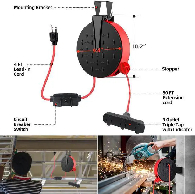 Alt view image 7 of 7 - 30 Ft Retractable Extension Cord Reel, 16/3 SJTW Power Cord with 3 Electrical Outlets, Ceiling or Wall Mount, 10 Amp Circuit Breaker, Adjustable Stopper, Metal Plate, UL Listed,Red