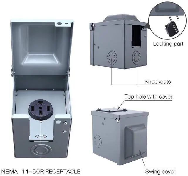 Alt view image 2 of 7 - 50 Amp 125/250 Volt RV Power Outlet Box, Enclosed Lockable Weatherproof Outdoor Electrical NEMA 14-50R Receptacle Panel, for RV Camper Travel Trailer Motorhome Electric Car Generator.