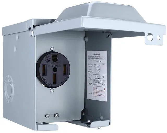 Main image of 50 Amp 125/250 Volt RV Power Outlet Box, Enclosed Lockable Weatherproof Outdoor Electrical NEMA 14-50R Receptacle Panel, for RV Camper Travel Trailer Motorhome Electric Car Generator.
