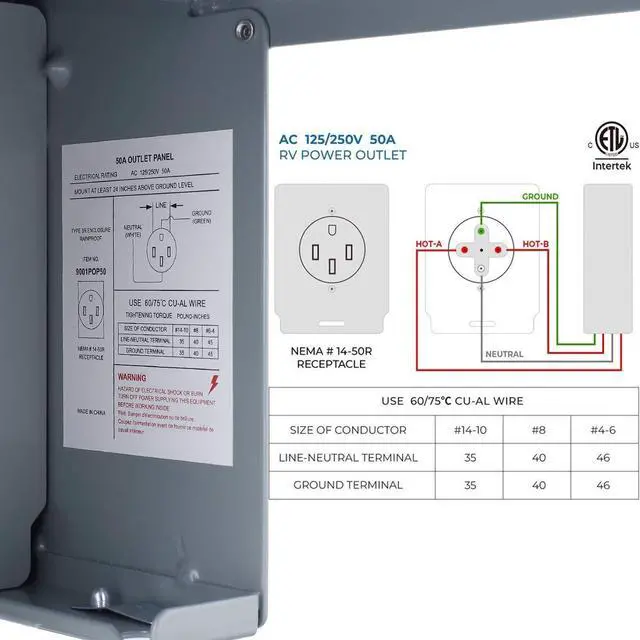 Alt view image 5 of 7 - 50 Amp 125/250 Volt RV Power Outlet Box, Enclosed Lockable Weatherproof Outdoor Electrical NEMA 14-50R Receptacle Panel, for RV Camper Travel Trailer Motorhome Electric Car Generator.