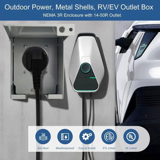 Alt view image 2 of 7 - 50 Amp EV/RV Power Outlet Box, Extra Heavy Duty EV-Grade 14-50R Receptacle, NEMA 3R Enclosed Lockable Weatherproof Outdoor Metal Box, EV Charger, 3-Pole, 4-Wire, ETL Listed