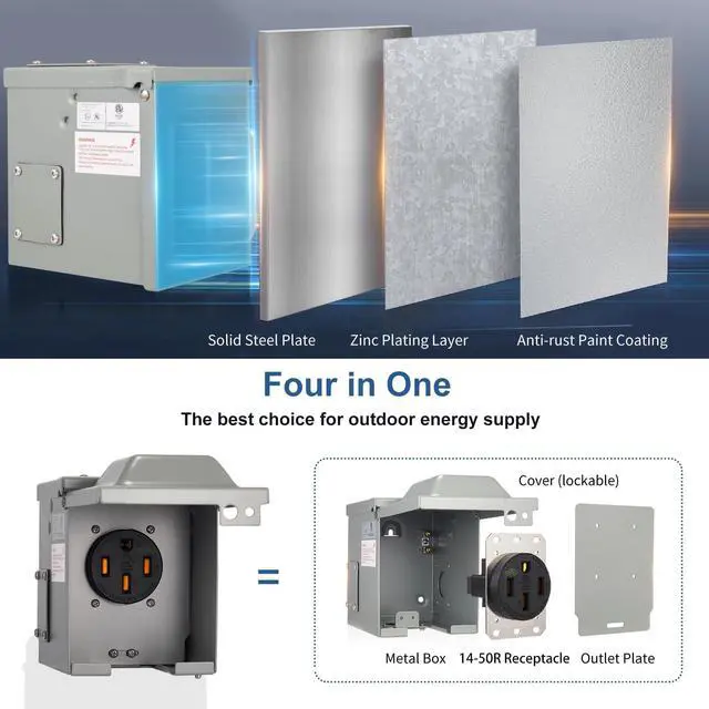 Alt view image 6 of 7 - 50 Amp EV/RV Power Outlet Box, Extra Heavy Duty EV-Grade 14-50R Receptacle, NEMA 3R Enclosed Lockable Weatherproof Outdoor Metal Box, EV Charger, 3-Pole, 4-Wire, ETL Listed