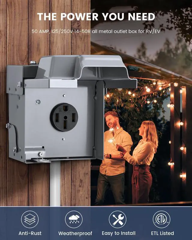 Alt view image 2 of 7 - 50 Amp RV Power Outlet Box, 125V/250V NEMA 14-50R Enclosed Lockable RV Electrical Outlet, Weatherproof Power Box for RV/EV Receptacle, Outdoor Panel for RVs, Trailer, ETL & UL Listed