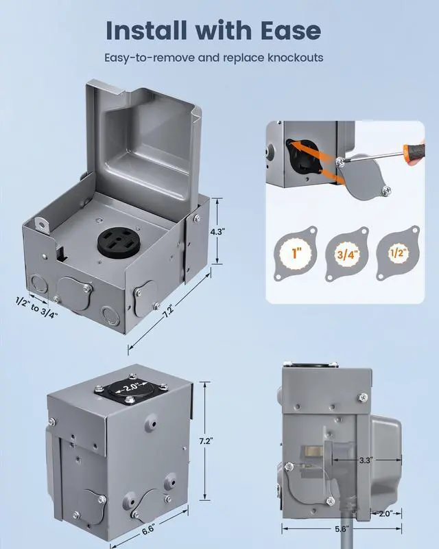 Alt view image 4 of 7 - 50 Amp RV Power Outlet Box, 125V/250V NEMA 14-50R Enclosed Lockable RV Electrical Outlet, Weatherproof Power Box for RV/EV Receptacle, Outdoor Panel for RVs, Trailer, ETL & UL Listed
