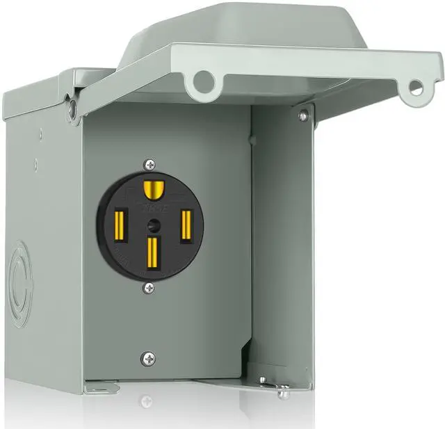 Main image of 50 Amp RV Outlet Box, Nema 14-50R Outlet 125/250 Volt RV Plug w/Anti-Theft Lockable Swing Cover, UL Listed & Weatherproof for Camper, Electric Car, Tesla