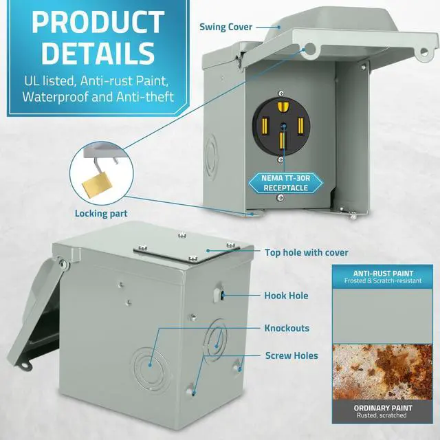 Alt view image 6 of 7 - 50 Amp RV Outlet Box, Nema 14-50R Outlet 125/250 Volt RV Plug w/Anti-Theft Lockable Swing Cover, UL Listed & Weatherproof for Camper, Electric Car, Tesla