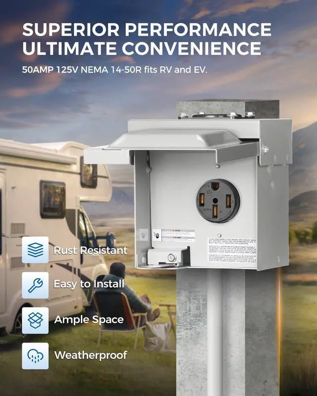 Alt view image 2 of 7 - 50 Amp RV Power Outlet Box, 125V/250V NEMA 14-50R RV Outlet, Weatherproof Outdoor Electrical Box with Receptacle Panel, Enclosed Lockable Power Box for RV Camper, ETL Listed H01OB06