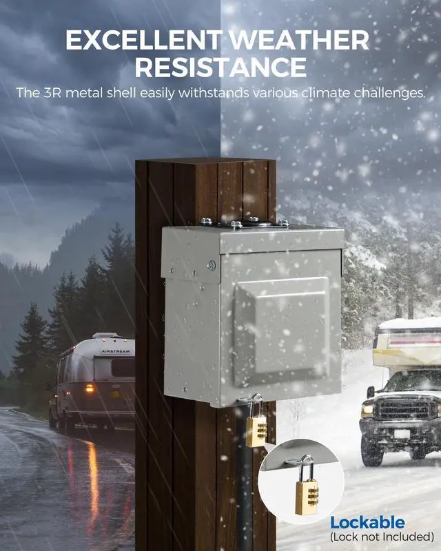 Alt view image 3 of 7 - 50 Amp RV Power Outlet Box, 125V/250V NEMA 14-50R RV Outlet, Weatherproof Outdoor Electrical Box with Receptacle Panel, Enclosed Lockable Power Box for RV Camper, ETL Listed H01OB06