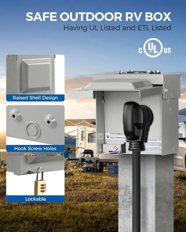 Alt view image 5 of 7 - 50 Amp RV Power Outlet Box, 125V/250V NEMA 14-50R RV Outlet, Weatherproof Outdoor Electrical Box with Receptacle Panel, Enclosed Lockable Power Box for RV Camper, ETL Listed H01OB06