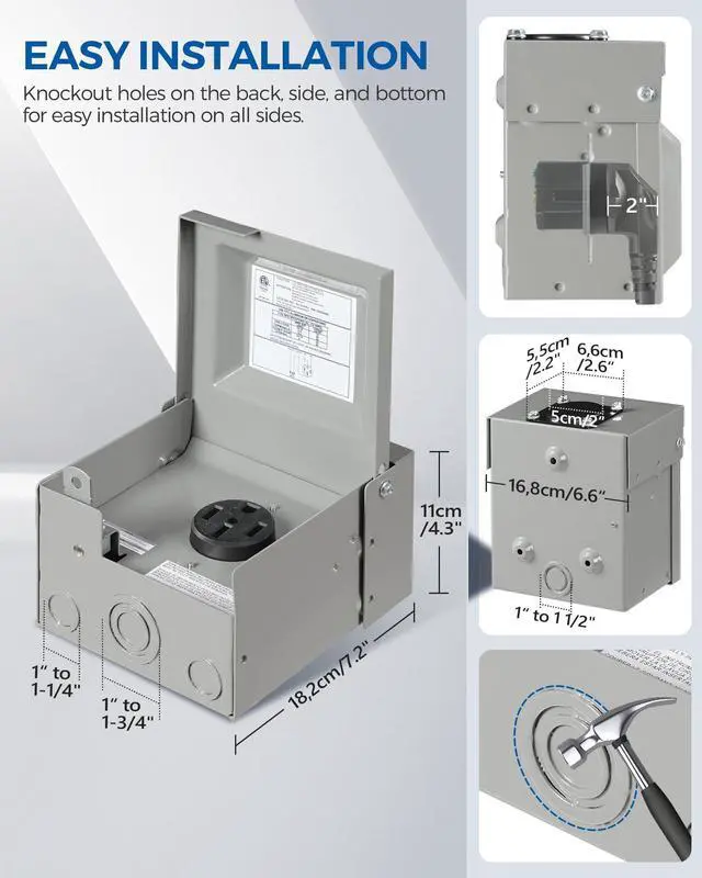 Alt view image 7 of 7 - 50 Amp RV Power Outlet Box, 125V/250V NEMA 14-50R RV Outlet, Weatherproof Outdoor Electrical Box with Receptacle Panel, Enclosed Lockable Power Box for RV Camper, ETL Listed H01OB06