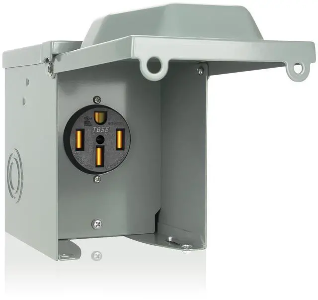 Main image of 50 Amp RV Power Outlet Box, 125/250 Volt NEMA 14-50R Receptacle, Lockable Enclosed Outdoor Plug, Electrical Receptacle Panel, Weatherproof Temporary Hookup for RV Camper Car Travel Generator