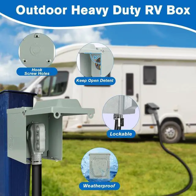 Alt view image 3 of 6 - 50 Amp RV Power Outlet Box, 125/250 Volt NEMA 14-50R Receptacle, Lockable Enclosed Outdoor Plug, Electrical Receptacle Panel, Weatherproof Temporary Hookup for RV Camper Car Travel Generator