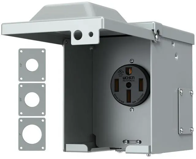 Main image of 50 Amp RV/EV Power Outlet Box, Enclosed Lockable Weatherproof Outdoor 125/250 Volt Electrical NEMA 14-50R 50 Amp RV Receptacle Panel, for RV Camper Travel Trailer Motorhome, ETL Listed