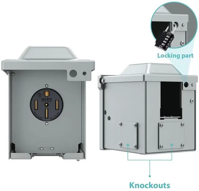 Alt view image 4 of 7 - 50 Amp RV/EV Power Outlet Box, Enclosed Lockable Weatherproof Outdoor 125/250 Volt Electrical NEMA 14-50R 50 Amp RV Receptacle Panel, for RV Camper Travel Trailer Motorhome, ETL Listed
