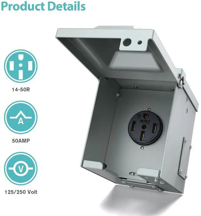 Alt view image 3 of 7 - 50 Amp RV/EV Power Outlet Box, Enclosed Lockable Weatherproof Outdoor 125/250 Volt Electrical NEMA 14-50R 50 Amp RV Receptacle Panel, for RV Camper Travel Trailer Motorhome, ETL Listed