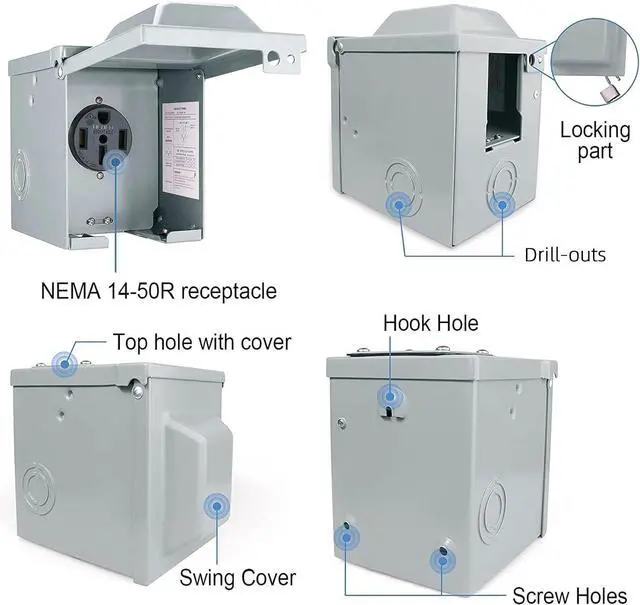 Alt view image 5 of 7 - 50 Amp 125/250 Volt RV Power Outlet Box, Enclosed Lockable Weatherproof NEMA 14-50R Outdoor Electrical Receptacle Panel, 50 Amp RV Receptacle for Camper Trailer Motorhome Electric Car Generator