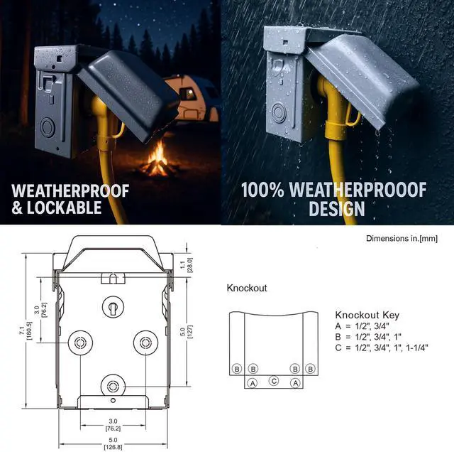 Alt view image 4 of 7 - 50 Amp NEMA 14-50R Power Outlet Box 125/250 Volt, Heavy Duty Lockable Weatherproof Outdoor Electrical Panel, Outdoor Receptacle for EV RV Generator Camper Motorhome, ETL Listed, HDS2-003