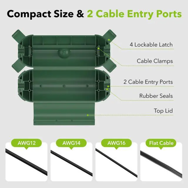 Alt view image 3 of 7 - Outdoor Extension Cord Safety Cover, Weather Resistant Seal Housing with 4 Latches, Fits 12/14/16 AWG Extension Cord, Holiday String Lights, Plug, Waterproof IP44 (2PK Green)